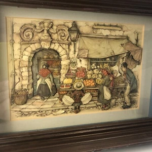 1970 Anton Pieck 3D Diorama Shadow Box Framed Art, Street Market, 9-1/4x 6-3/4 - Picture 1 of 24