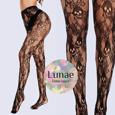 fishnet tights SKULL ROSE pattern mesh 8/10/12/14 halloween goth punk Y2K - Image 1 of 4