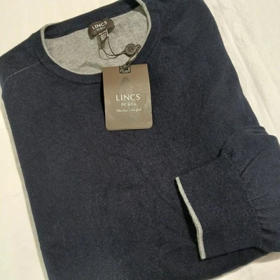 NWT Men’s Lincs XXL Navy Blue Long-Sleeved Crew Neck Cotton Cashmere Sweater  - Image 1 of 4
