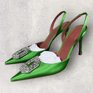 Amina Muaddi Camelia Sling Light Jungle Green Satin Heels Size 40 EU  - Picture 1 of 11