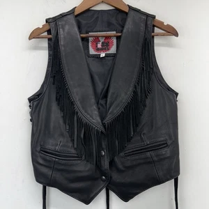 Iron Hides size Large Women’s Black Leather Fringe Snap Button Biker Vest - Picture 1 of 12