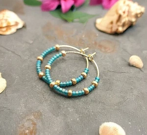 Frosted TEAL High Quality Miyuki Bead Gold Plated HOOP EARRINGS HANDMADE - Picture 1 of 4