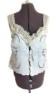 Upcycled Reworked Cottagecore Shabby Chic Top S Lace Eyelet Bows Unique OOAK - Picture 1 of 14