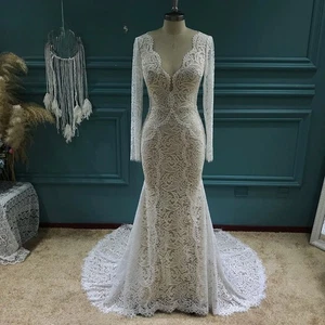 Nuevos vestidos de novia boho elásticos de encaje completo mangas largas de sirena - Imagen 1 de 12