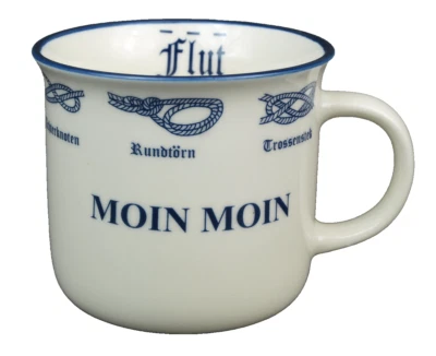 Maritimer Keramik Becher Moin Moin 350ml Kaffeebecher Seemannsknoten Tasse (RA) - Bild 1 von 4