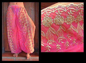 Pantalones Harén Danza del Vientre Fucsia Rosa con Ranura de Brocado Dorado 9 - Imagen 1 de 1
