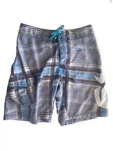 Nike 6.0 Boys Board Shorts Size 8 Swim Trunks Unlined Gray Blue Yellow Mod Plaid - Picture 1 of 5