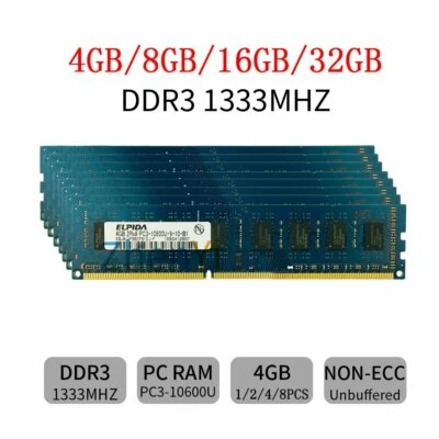 32GB 16GB 8GB 4GB DDR3 1333 PC3-10600U 2Rx8 240Pin DIMM Memory RAM Elpida Lot BT - Image 1 of 4
