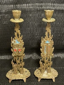 Pair of Hen Holon Israel Brass Candlesticks Judaica Designs ￼10 Commandments ￼ - Picture 1 of 16