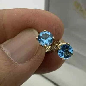 Women Stud Earrings 2Ct Round Cut Lab-Created Aquamarine 14K Yellow Gold Finish - Picture 1 of 7