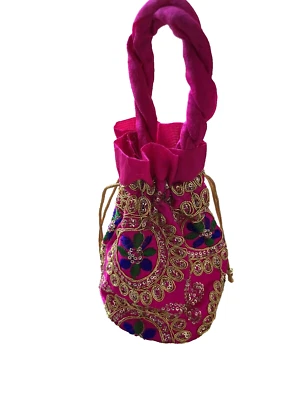 Hot Pink Sequin Embellish Drawstring Fabric Potli Bag 11" H x 6" W from India - Image 1 of 4