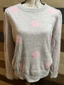 Charter Club Women's L Gray And Pink Polka Dot Long Sleeve Round Neck Sweater - Picture 1 of 5