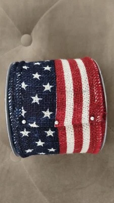 Tommy Bahama 4" AMERICAN FLAG BURLAP RIBBON Patriotic Stars Stripes 10 Yds NEW - Image 1 of 2