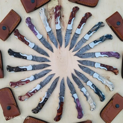 LOT of 20 pcs Damascus Steel Hunting Folding knife, Pocket Knives w/ Sheath(WEI) - Image 1 of 4