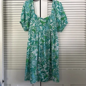 Lilly Pulitzer Dress Women's 12 Green Smocking Puff Sleeves Square Neckline - Picture 1 of 12