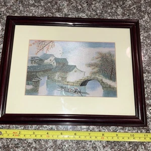 Chinese Art Silk Embroidery Landscape Matted & Framed  11 by 9 in - Picture 1 of 7