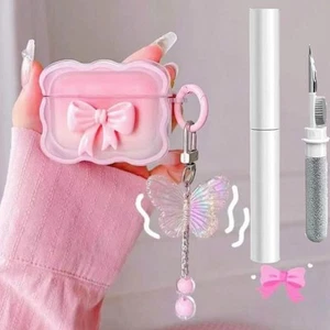 Cute AirPods Pro 2/1 Gen Clear Case, Pink 3D Bow Design Soft TPU Fly - Picture 1 of 6