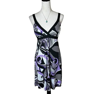 Speechless Black Purple Abstract Empire Waist Babydoll Mini Dress M | Retro Y2K - Image 1 of 4
