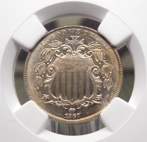 Escudo de níquel de EE. UU. 1867 **SIN RAYOS** 5c NGC MS64 #003 sin circular BU ECC&C - Imagen 1 de 6