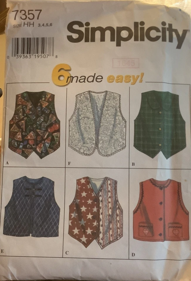 Sewing Pattern #7357 Child’s And Girls Set Of Vest Size 3-6 - Image 1 of 3