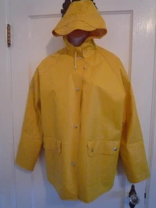 Yellow Rubber PVC with Rayon Back Womens Large L Hooded Rain Coat Jacket Slicker - Picture 1 of 21