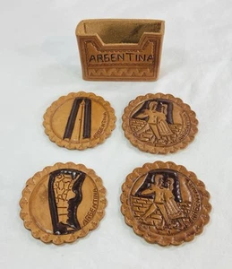Made In Argentina Leather Coaster Set with Holder Hand Made Tool Set Of 4 - Picture 1 of 7