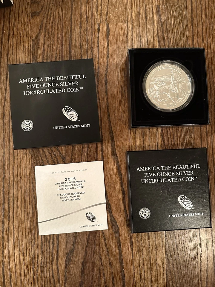 2016 America The Beautiful Theodore Roosevelt Nat’l Park 5oz Silv NIB w COA MINT - Image 1 of 3