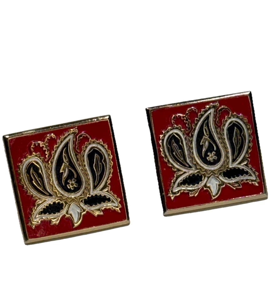 Gemelos Swank Vintage Rojo Dorado Negro Esmalte Paisley Diseño Lotus Foto 1 de 4