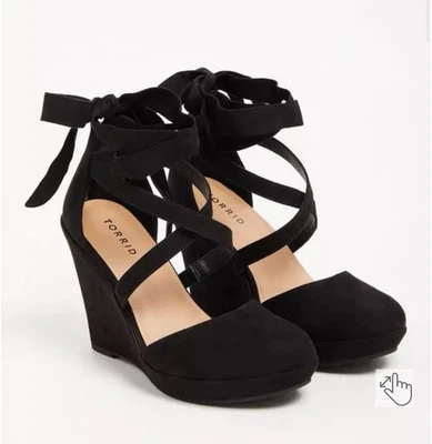 Cuña con cordones plataforma tórrida negra imitación gamuza para mujer talla 12 (WW) Foto 1 de 4