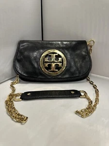 Tory Burch Reva Black Leather Fold Over Clutch Shoulder Bag Chain Strap Gold - Picture 1 of 15