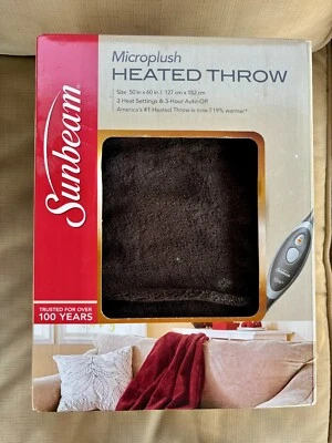 Sunbeam Microplush Comfy Soft Electric Heated Throw Blanket Brown New In Box - Image 1 of 4