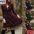 Women's V-Neck Long Sleeve Swing Dress Ladies Casual Floral Midi A-Line Dresses