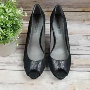 Moda Spana Women 10 M Black Silver Sparkle Leather Peep Toe High Heel Pump Shoes - Picture 1 of 8