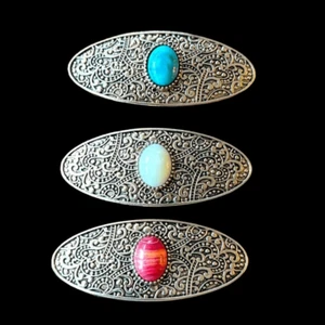Jeweled French Barrette Set  Simulated Gemstone Inlay: Turquoise, Coral & Opal - Picture 1 of 9