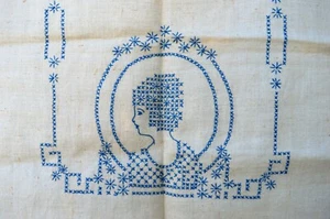 VTG Jann Ace High 18x45 Linen Table Runner Dresser Scarf Embroidered Blue Woman - Picture 1 of 12