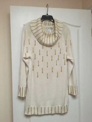 VICTORIA HARBOUR VTG Winter White Sweater Sz M Gold Beads Embellished Cotton - Image 1 of 3