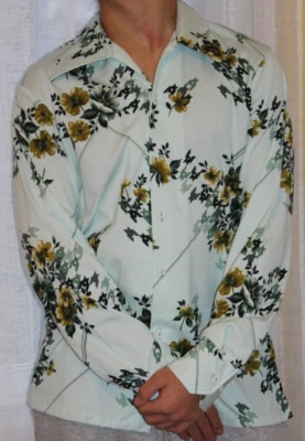 Camisa discoteca vintage años 70 Mr. Jan verde azulado floral poliéster manga larga para hombre L Foto 1 de 4