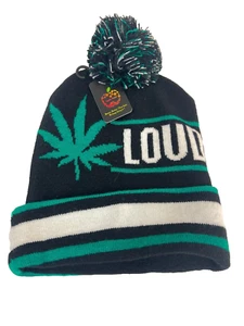Pot Leaf Skull Cap / Beanie - Marijuana knit hat black, white, green with Loud - Picture 1 of 2