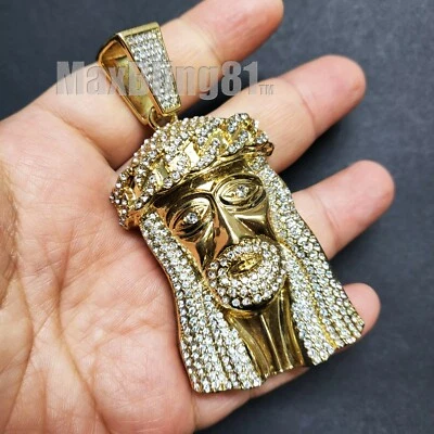 JOYERÍA HIP HOP CHAPADO EN ORO HELADO PLATA BLING GRAN CABEZA DE JESÚS COLGANTE CON DIJE Foto 1 de 3