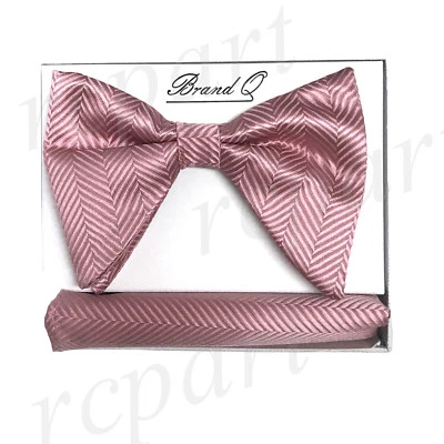 New formal Men Pre-tied long style patterned Bow tie & Hankie Pink wedding prom - Image 1 of 4