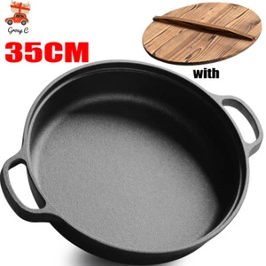 NEW Cast Iron Pre-seasoned Deep Frying Pan Paella Frypan with Wooden Lid 35cm AU - Picture 1 of 12