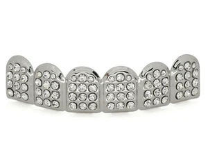 Custom Fit Upper Rhinestone Teeth Silver Plated Grillz Mouth Hip Hop Grill - Picture 1 of 5