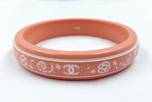 NUOVO CHANEL CC Braccialetto Legno Impreziosito Cristallo Pesca Rosa Vintage RARO