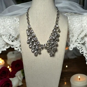 Express Signed Bow Bib Necklace Large Bezel Clear Rhinestone Runway Chunky 15" - Picture 1 of 13