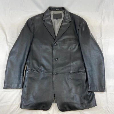 Mens L Stafford Leather Coat Jacket Black Buttons Pockets Buisness Casual Wear - Image 1 of 4