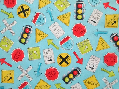 ROAD SIGNS CONSTRUCTION RAILROAD SIGN BLUE COTTON FABRIC FQ - Image 1 of 4