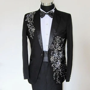 Noir Gala Tuxedo with Silver Sequin Embroidery and Satin Shawl Lapel Detailing - Picture 1 of 5
