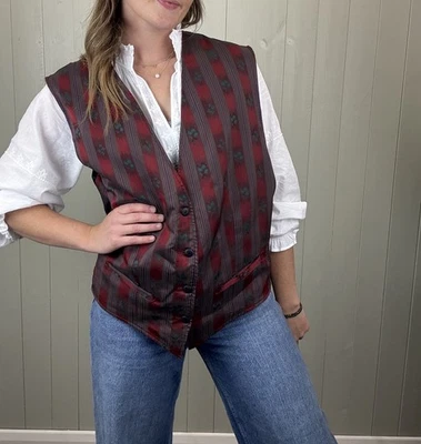 Vintage Size XL 14-16 Red Burgundy Striped Patterned Waistcoat Saint Andre - Image 1 of 4