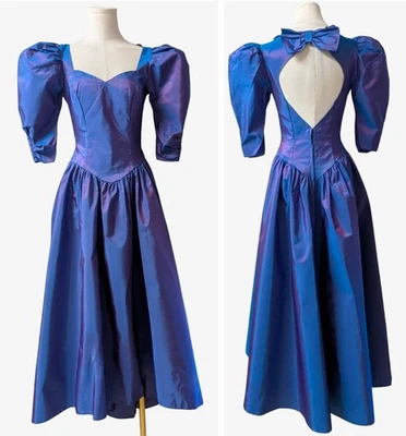 Vintage 80s Alfred Angelo Blue Iridescent Taffeta Prom Dress Open Bow Back S - Image 1 of 4