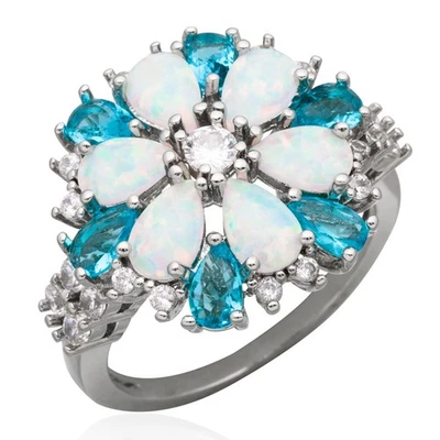 Серебряное ювелирное кольцо с имитацией голубого топаза 4x6 белый огненный опал фианит размер 8 - Изображение 1 из 4
